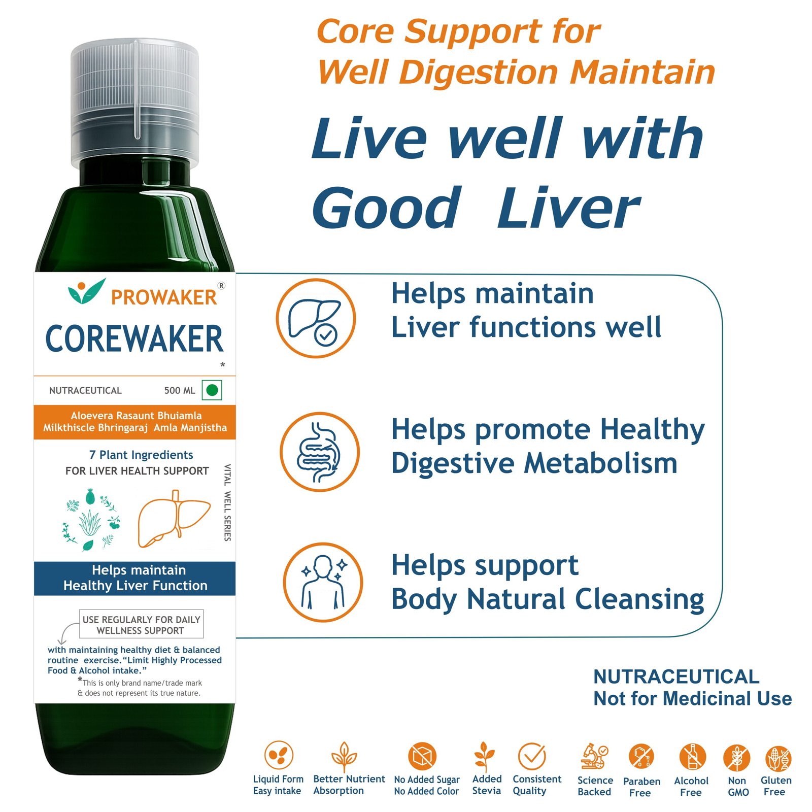 Prowaker COREWAKER - Liver Health Support Nutraceutical | 7 Plant Ingredients | 500 ML - Image 2
