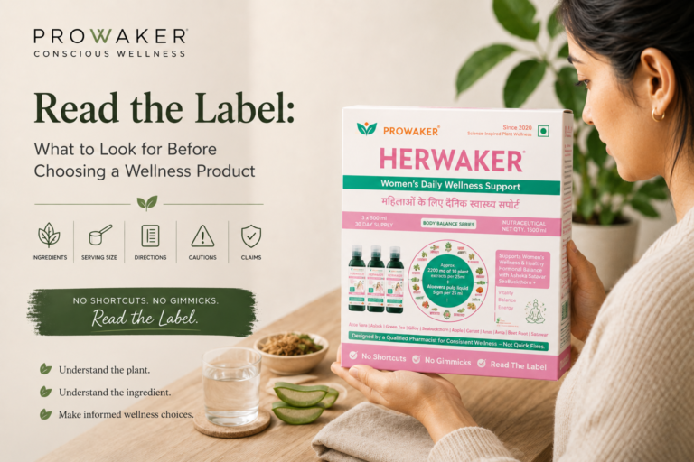 Woman reading a wellness product label before choosing a product