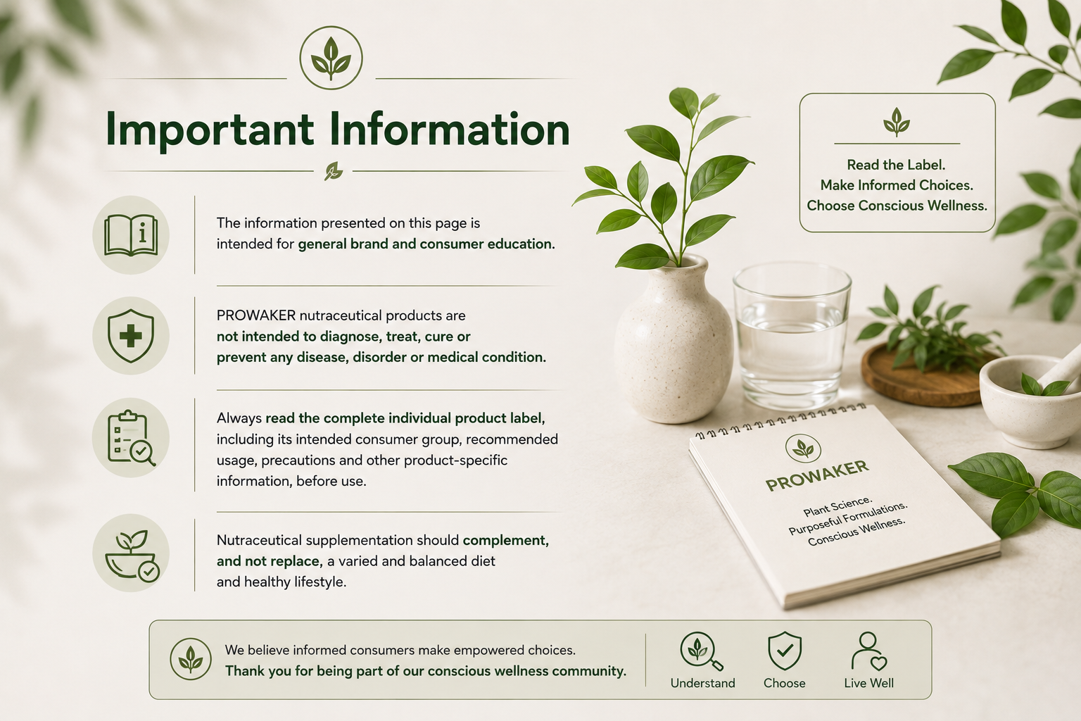 Important PROWAKER consumer information encouraging label reading, informed choices and nutraceutical supplementation alongside a balanced diet and healthy lifestyle