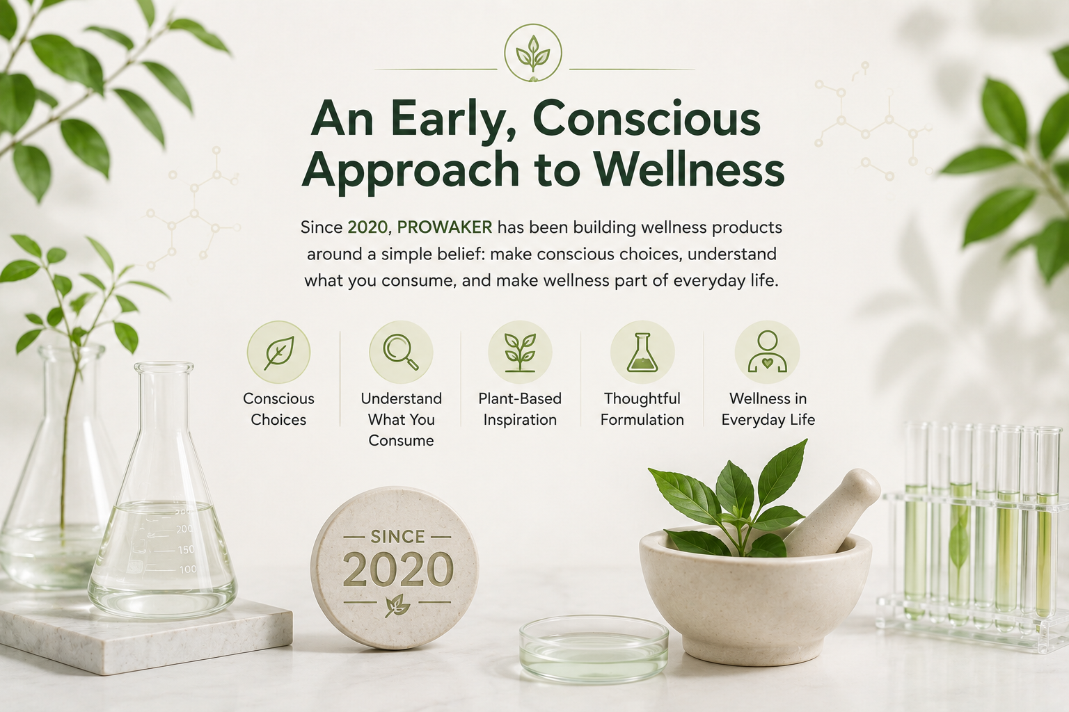 PROWAKER early conscious approach to wellness with plant-based inspiration, thoughtful formulation and everyday wellness