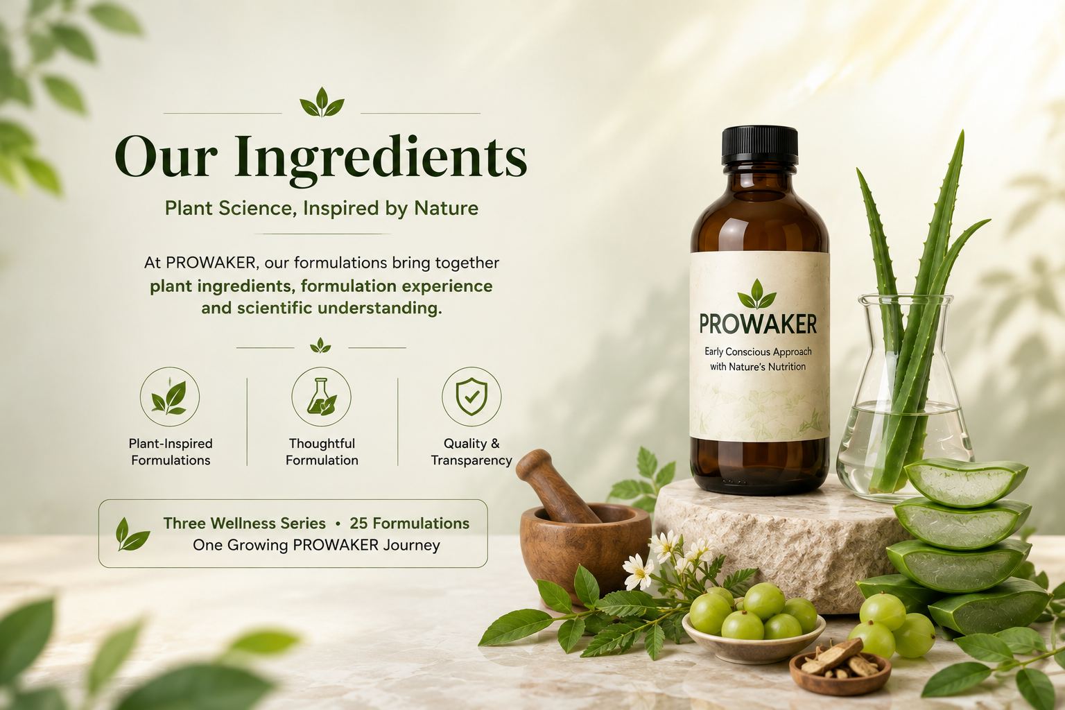 PROWAKER plant-inspired ingredients and thoughtful formulation approach with Aloe Vera and selected botanicals