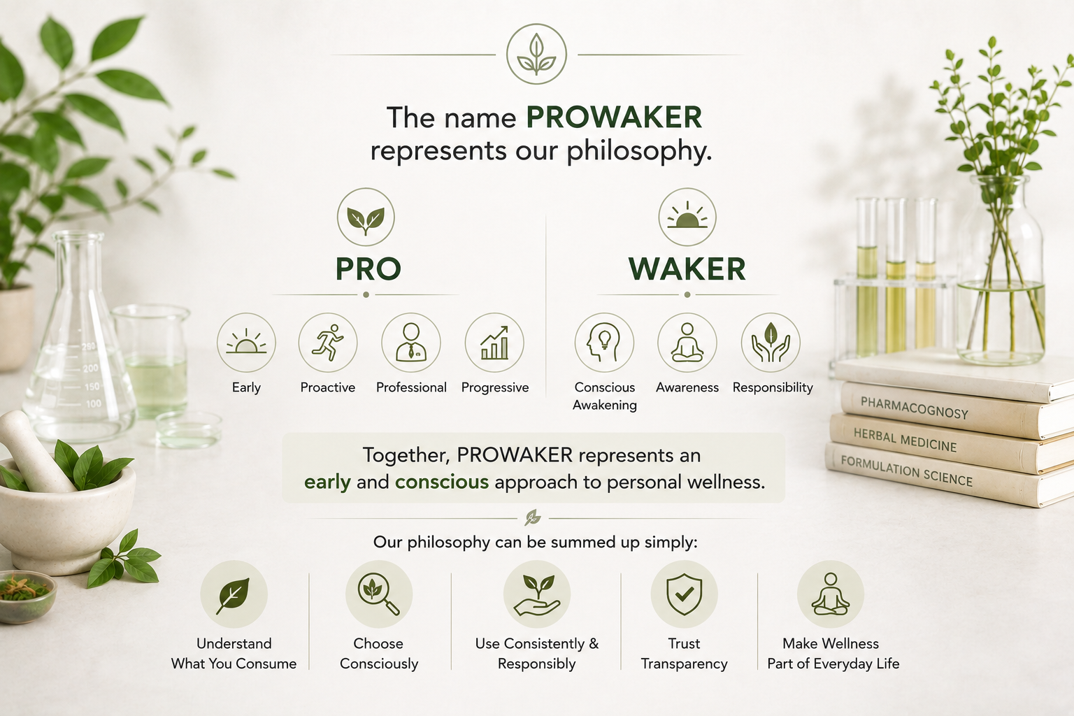 Meaning of PROWAKER showing PRO as early, proactive, professional and progressive, and WAKER as conscious awakening, awareness and responsibility