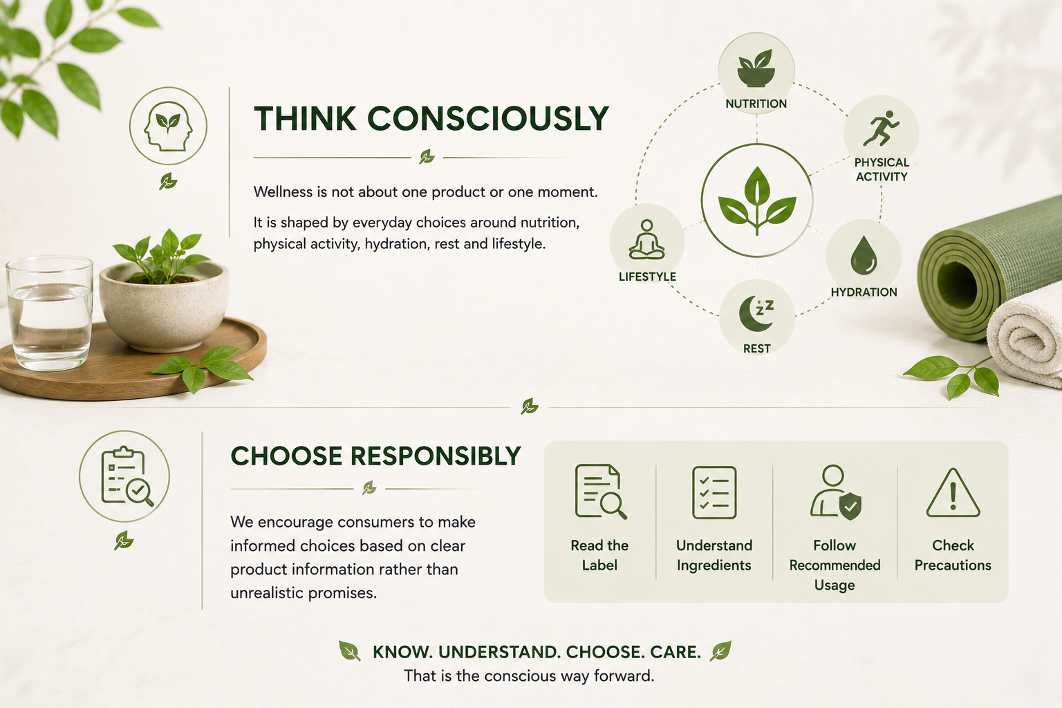 Think consciously and choose responsibly through nutrition, physical activity, hydration, rest, lifestyle and informed product choices