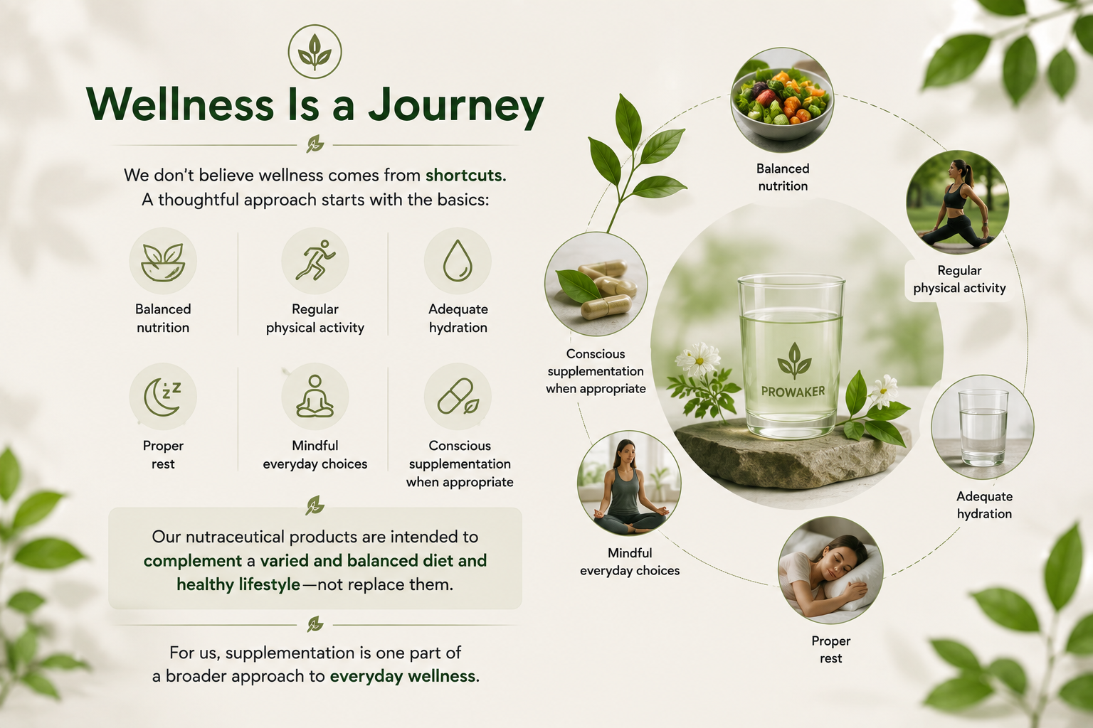 Everyday wellness journey including balanced nutrition, physical activity, hydration, proper rest, mindful choices and conscious supplementation