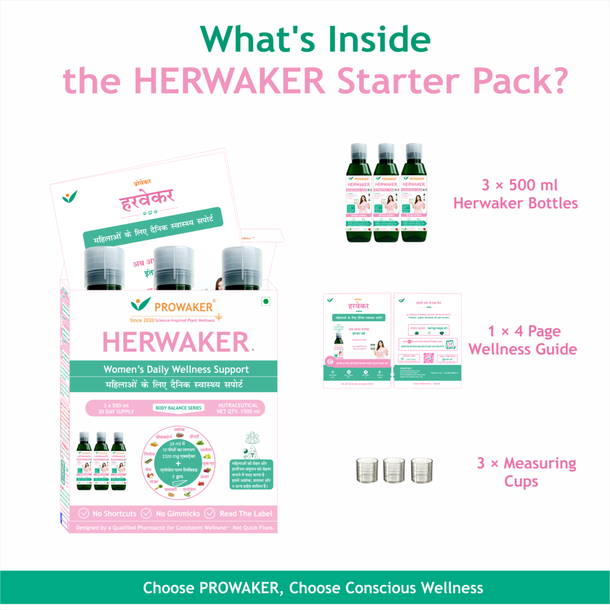 What’s Inside HERWAKER Starter Pack. HERWAKER Starter Pack with three 500 ml bottles, wellness guide and measuring cups