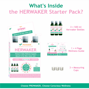 What’s Inside HERWAKER Starter Pack. HERWAKER Starter Pack with three 500 ml bottles, wellness guide and measuring cups